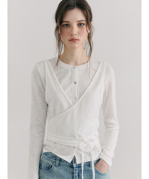 ETMON(エトモン)の「Wrap Cardigan T-Shirt, White(Tシャツ/カットソー・レディース・その他・F)」の1枚目の写真
