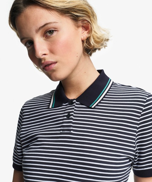 AIGLE(エーグル)の「UVカット ストライプ 半袖ポロシャツ(ポロシャツ・レディース・イエロー/ダークネイビー・L/M/S)」の1枚目の写真