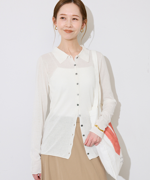 IENA  イエナ 新品 タグ付き シルク コットン カーディガン シリーズあり》コットンシルク襟付きカーディガン（カーディガン