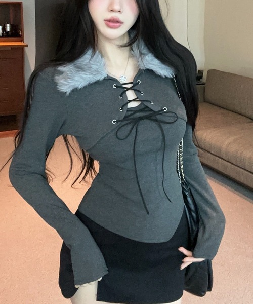 Alvia(アルビア)の「ファー衿レースアップトップス(その他トップス・レディース・ブラウン/ブラック・M)」の13枚目の写真