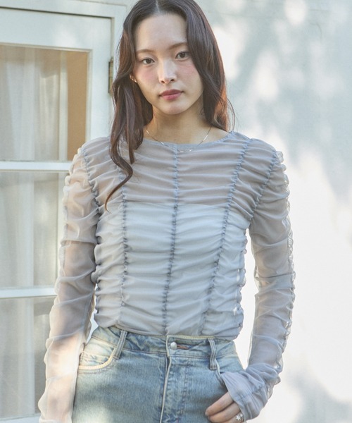 krahe(クレーエ)の「シャーリングシアーメッシュトップス(Tシャツ/カットソー・レディース・グレー/ブルー・FREE)」の18枚目の写真