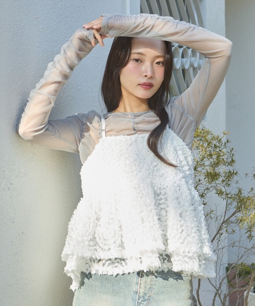 krahe(クレーエ)の「シャーリングシアーメッシュトップス(Tシャツ/カットソー・レディース・グレー/ブルー・FREE)」の13枚目の写真