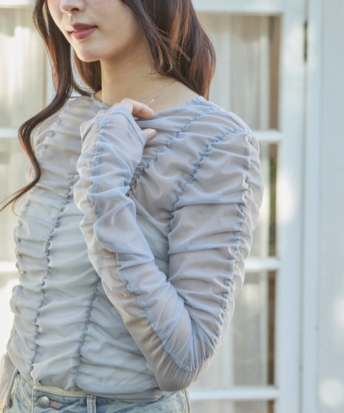 krahe(クレーエ)の「シャーリングシアーメッシュトップス(Tシャツ/カットソー・レディース・グレー/ブルー・FREE)」の14枚目の写真