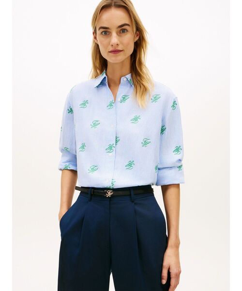 TOMMY HILFIGER(トミーヒルフィガー)の「スイムショップリネンイージーフィットオールオーバーシャツ(シャツ/ブラウス・レディース・ブルー・XX-SMALL/X-SMALL)」の1枚目の写真