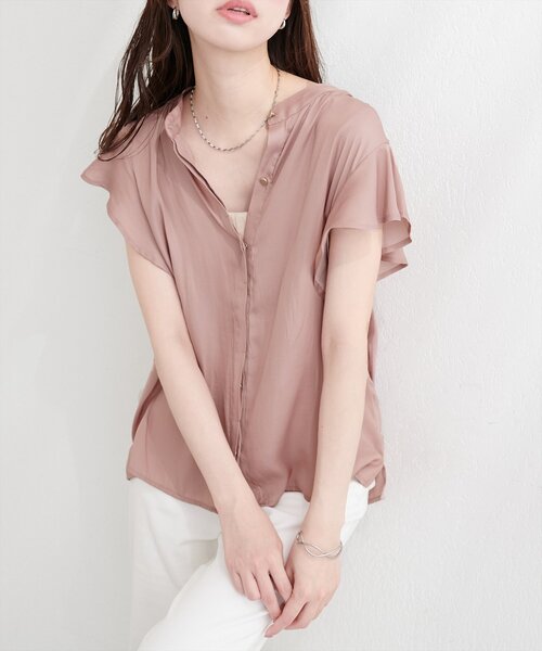 natural couture(ナチュラルクチュール)の「とろみサテンラッフル袖ブラウス(シャツ/ブラウス・レディース・ブルー/ピンク/ピンクベージュ/アイボリー/ネイビー・FREE)」の5枚目の写真