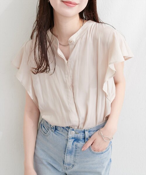 natural couture(ナチュラルクチュール)の「とろみサテンラッフル袖ブラウス(シャツ/ブラウス・レディース・ブルー/ピンク/ピンクベージュ/アイボリー/ネイビー・FREE)」の7枚目の写真