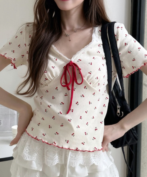 セール】Vネック 切替 デザイン チェリー メロウ カットソー（Tシャツ