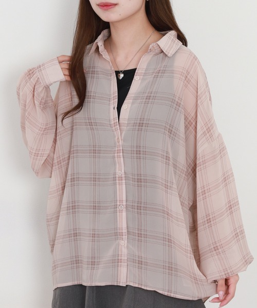Ree&Mee（リーアンドミー）の「Ree&Mee 2点セット オーバーサイズ シアー チェック 長袖 シャツ & テレコ タンクトップ アンサンブル（アンサンブル・レディース・ブラック系/ベージュ系/グレー系/ホワイト系・M/L）」の19枚目の写真