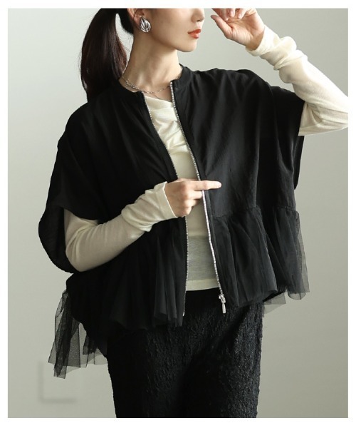 Sawa a la mode（サワアラモード）の「チュールペプラム異素材ブルゾン（ブルゾン・レディース・オフホワイト/ブラック・FREE）」の20枚目の写真