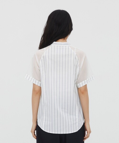 UNITED TOKYO(ユナイテッドトウキョウ)の「【残りわずか!】シアースリーブラッフルシャツ|夏服/細見え/ウォッシャブル/透け感/ボウタイ/オフィスカジュアル(シャツ/ブラウス・レディース・ネイビー/ライトブルー/オフホワイト・FREE)」の10枚目の写真