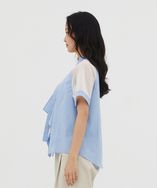 UNITED TOKYO(ユナイテッドトウキョウ)の「【残りわずか!】シアースリーブラッフルシャツ|夏服/細見え/ウォッシャブル/透け感/ボウタイ/オフィスカジュアル(シャツ/ブラウス・レディース・ネイビー/ライトブルー/オフホワイト・FREE)」の18枚目の写真
