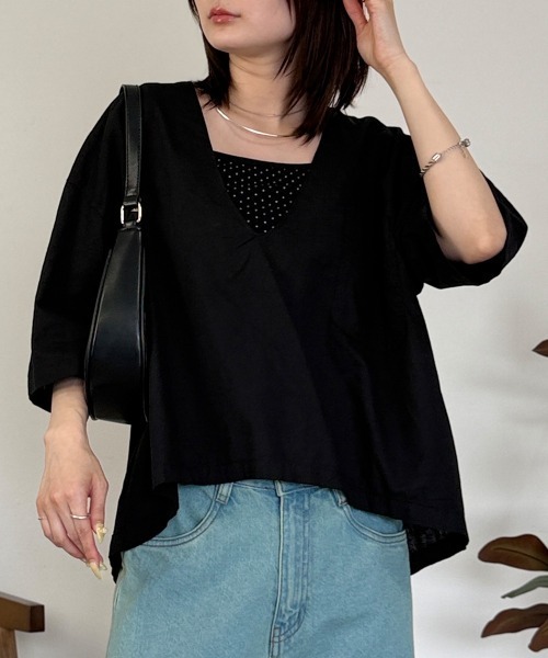 RCD(アールシーディー)の「麻綿Vネックシャツプルオーバー(シャツ/ブラウス・レディース・ベージュ/ブラック・4L~5L/LL~3L/M-L)」の1枚目の写真