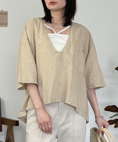 RCD(アールシーディー)の「麻綿Vネックシャツプルオーバー(シャツ/ブラウス・レディース・ベージュ/ブラック・4L~5L/LL~3L/M-L)」の5枚目の写真