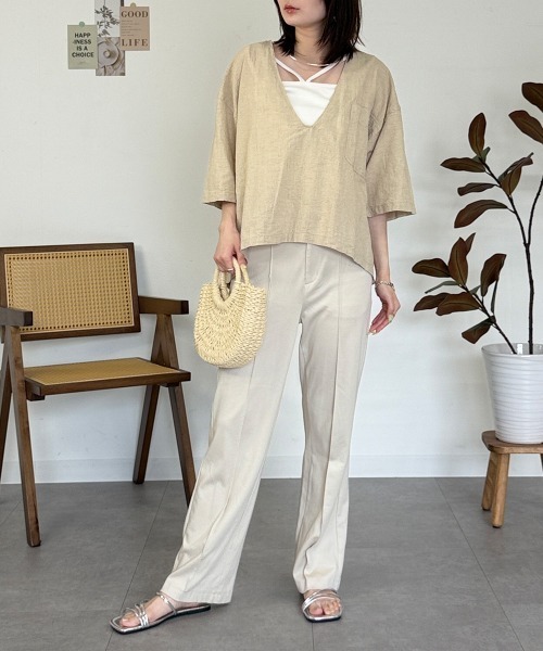RCD(アールシーディー)の「麻綿Vネックシャツプルオーバー(シャツ/ブラウス・レディース・ベージュ/ブラック・4L~5L/LL~3L/M-L)」の11枚目の写真