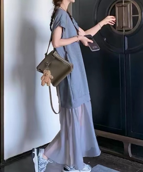 ampm(エーエムピーエム)の「異素材ワンピース シアーワンピース ドッキングワンピース(ワンピース・レディース・ブラック/グレー・FREE)」の3枚目の写真