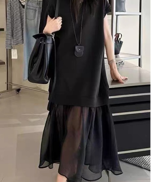 ampm(エーエムピーエム)の「異素材ワンピース シアーワンピース ドッキングワンピース(ワンピース・レディース・ブラック/グレー・FREE)」の9枚目の写真