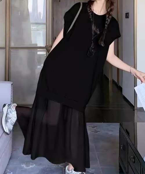 ampm(エーエムピーエム)の「異素材ワンピース シアーワンピース ドッキングワンピース(ワンピース・レディース・ブラック/グレー・FREE)」の8枚目の写真