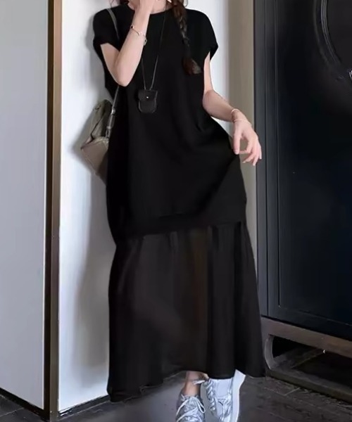 ampm(エーエムピーエム)の「異素材ワンピース シアーワンピース ドッキングワンピース(ワンピース・レディース・ブラック/グレー・FREE)」の10枚目の写真