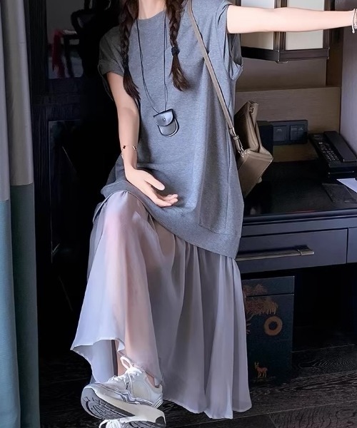 ampm(エーエムピーエム)の「異素材ワンピース シアーワンピース ドッキングワンピース(ワンピース・レディース・ブラック/グレー・FREE)」の16枚目の写真