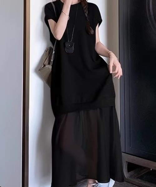 ampm(エーエムピーエム)の「異素材ワンピース シアーワンピース ドッキングワンピース(ワンピース・レディース・ブラック/グレー・FREE)」の7枚目の写真