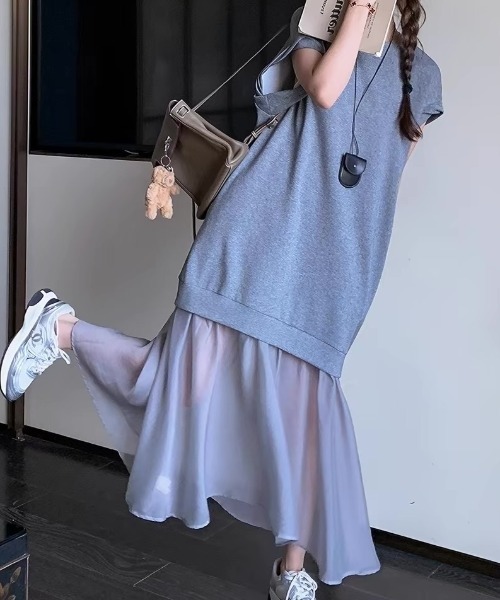 ampm(エーエムピーエム)の「異素材ワンピース シアーワンピース ドッキングワンピース(ワンピース・レディース・ブラック/グレー・FREE)」の6枚目の写真