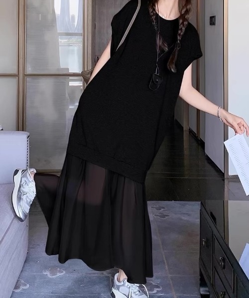 ampm(エーエムピーエム)の「異素材ワンピース シアーワンピース ドッキングワンピース(ワンピース・レディース・ブラック/グレー・FREE)」の18枚目の写真