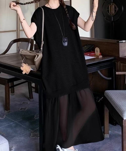 ampm(エーエムピーエム)の「異素材ワンピース シアーワンピース ドッキングワンピース(ワンピース・レディース・ブラック/グレー・FREE)」の17枚目の写真