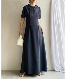ロング丈 ふくれジャガード ポロ 襟付き 半袖 タックフレアワンピース