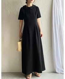ロング丈 ふくれジャガード ポロ 襟付き 半袖 タックフレアワンピース