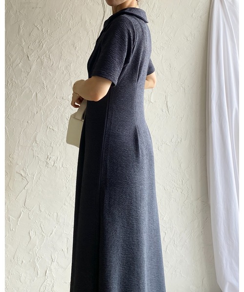 She's Closet（シーズクローゼット）の「ロング丈 ふくれジャガード ポロ 襟付き 半袖 タックフレアワンピース（ワンピース・レディース・ネイビー/ブラック・FREE）」の22枚目の写真
