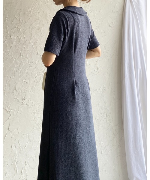She's Closet（シーズクローゼット）の「ロング丈 ふくれジャガード ポロ 襟付き 半袖 タックフレアワンピース（ワンピース・レディース・ネイビー/ブラック・FREE）」の12枚目の写真