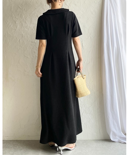 She's Closet（シーズクローゼット）の「ロング丈 ふくれジャガード ポロ 襟付き 半袖 タックフレアワンピース（ワンピース・レディース・ネイビー/ブラック・FREE）」の16枚目の写真