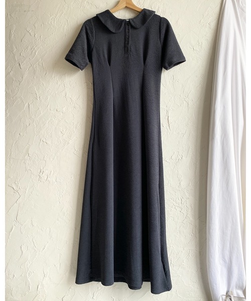 She's Closet（シーズクローゼット）の「ロング丈 ふくれジャガード ポロ 襟付き 半袖 タックフレアワンピース（ワンピース・レディース・ネイビー/ブラック・FREE）」の5枚目の写真