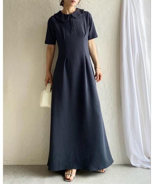 She's Closet（シーズクローゼット）の「ロング丈 ふくれジャガード ポロ 襟付き 半袖 タックフレアワンピース（ワンピース・レディース・ネイビー/ブラック・FREE）」の19枚目の写真
