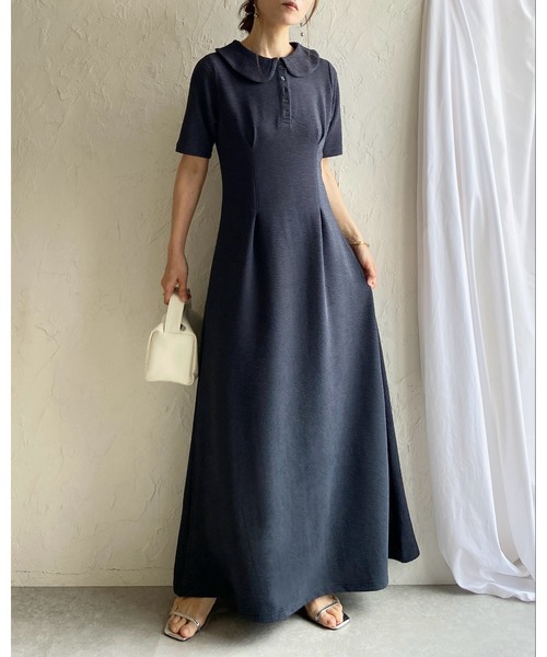 She's Closet（シーズクローゼット）の「ロング丈 ふくれジャガード ポロ 襟付き 半袖 タックフレアワンピース（ワンピース・レディース・ネイビー/ブラック・FREE）」の18枚目の写真