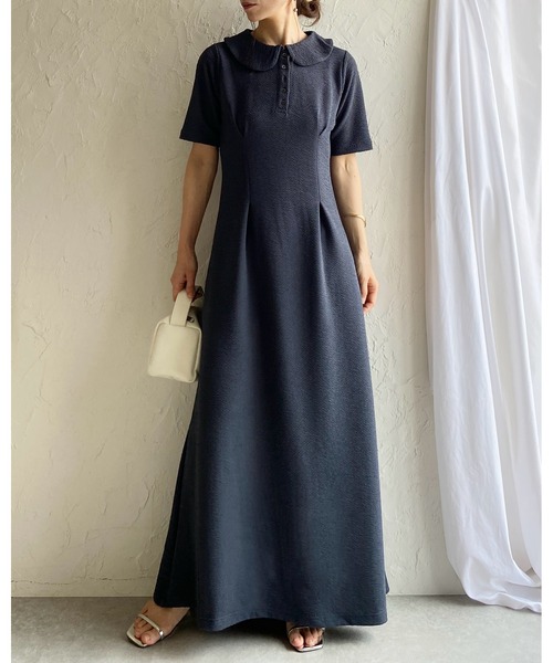 She's Closet（シーズクローゼット）の「ロング丈 ふくれジャガード ポロ 襟付き 半袖 タックフレアワンピース（ワンピース・レディース・ネイビー/ブラック・FREE）」の9枚目の写真