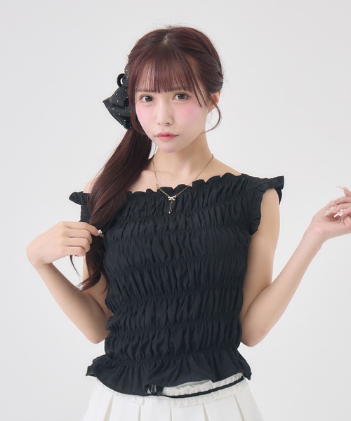Rmine(アールマイン)の「シャーリングオフショルトップス(Tシャツ/カットソー・レディース・ブラック系その他/ブラック/ホワイト/レッド・FREE)」の3枚目の写真