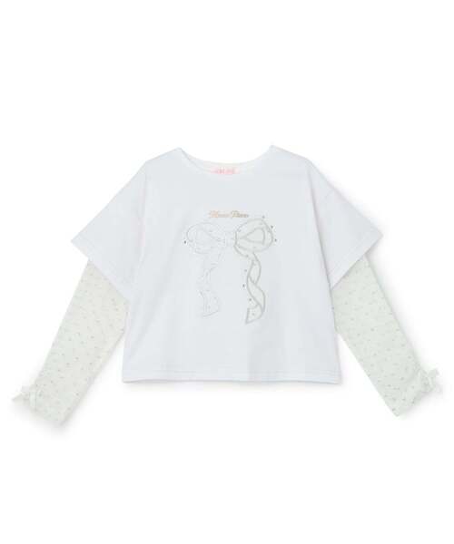 mezzo piano(メゾピアノ)の「袖ラメチュール 2wayTシャツ(Tシャツ/カットソー・キッズ・オフホワイト/ブラック・120cm/130cm/140cm)」の1枚目の写真