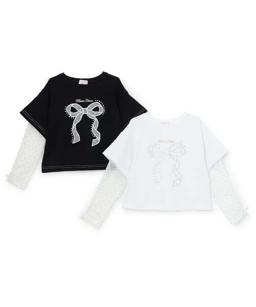 mezzo piano(メゾピアノ)の「袖ラメチュール 2wayTシャツ(Tシャツ/カットソー・キッズ・オフホワイト/ブラック・120cm/130cm/140cm)」の4枚目の写真