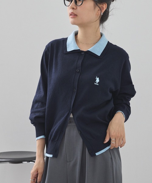 U.S. POLO ASSN.(ユーエスポロアッスン)の「U.S. POLO ASSN. /ユーエスポロアッスン 別注 ロゴ刺繍 フェイクレイヤード 配色 ニットシャツカーディガン(カーディガン/ボレロ・レディース・ブラウン/グレー/ネイビー/ブラック/チャコール・FREE)」の5枚目の写真