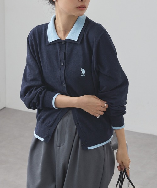 U.S. POLO ASSN.(ユーエスポロアッスン)の「U.S. POLO ASSN. /ユーエスポロアッスン 別注 ロゴ刺繍 フェイクレイヤード 配色 ニットシャツカーディガン(カーディガン/ボレロ・レディース・ブラウン/グレー/ネイビー/ブラック/チャコール・FREE)」の8枚目の写真