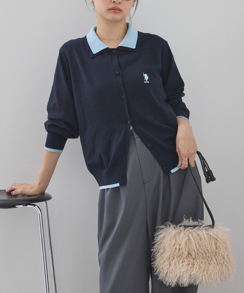 U.S. POLO ASSN.(ユーエスポロアッスン)の「U.S. POLO ASSN. /ユーエスポロアッスン 別注 ロゴ刺繍 フェイクレイヤード 配色 ニットシャツカーディガン(カーディガン/ボレロ・レディース・ブラウン/グレー/ネイビー/ブラック/チャコール・FREE)」の10枚目の写真