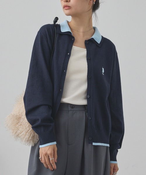 U.S. POLO ASSN.(ユーエスポロアッスン)の「U.S. POLO ASSN. /ユーエスポロアッスン 別注 ロゴ刺繍 フェイクレイヤード 配色 ニットシャツカーディガン(カーディガン/ボレロ・レディース・ブラウン/グレー/ネイビー/ブラック/チャコール・FREE)」の11枚目の写真