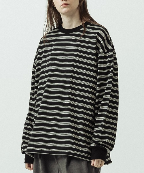 SLICK(スリック)の「【SLICK/スリック】Narrow Border Oversized Drawstring T-shirt/ナローボーダー オーバーサイズドローストリングTシャツ(Tシャツ/カットソー・メンズ・チャコールグレー/ブラック・1/2/3)」の2枚目の写真