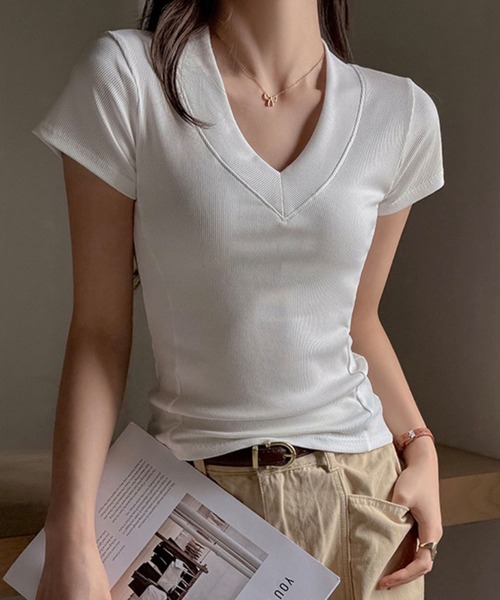 GLAMOROUS JANE(グラマラスジェーン)の「ⅤネックTシャツ(Tシャツ/カットソー・レディース・ホワイト/ブラック/ブラウン・FREE)」の5枚目の写真