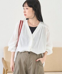 シアーギャザーデザイン Vネックシャツカーディガン