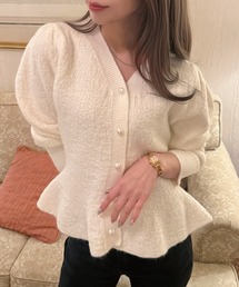 パールボタン Vネック ペプラム ニット カーディガン