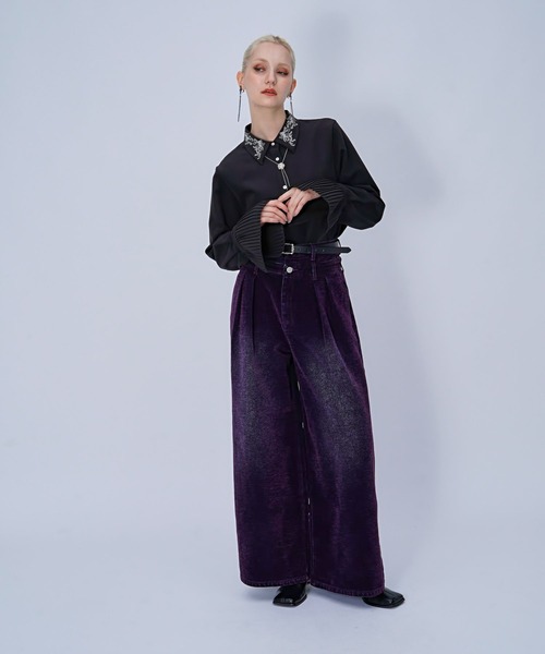 HARE(ハレ)の「【Lサイズ展開あり】ダブルウエストフロッキーデニムパンツ(HARE)(デニムパンツ・レディース・ブラック/パープル/ボルドー・LARGE/FREE)」の7枚目の写真