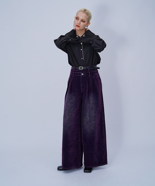 HARE(ハレ)の「【Lサイズ展開あり】ダブルウエストフロッキーデニムパンツ(HARE)(デニムパンツ・レディース・ブラック/パープル/ボルドー・LARGE/FREE)」の8枚目の写真