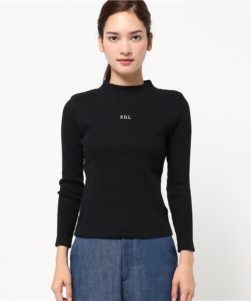X-girl(エックスガール)の「RIB BOTTLE NECK L/S TOPS /トップス/ハイネック/タートルネック/ボトルネック/リブ/シンプル/ロゴ(Tシャツ/カットソー・レディース・マルチ/ホワイト/ピンク/ブラック・1/2)」の5枚目の写真